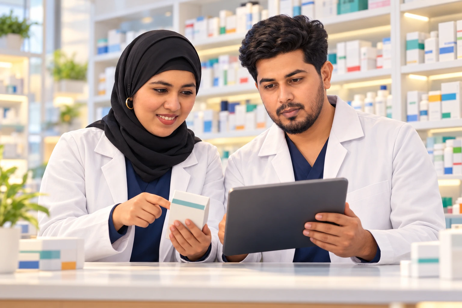 Anvomed's two creators reviewing pharmacy work together.