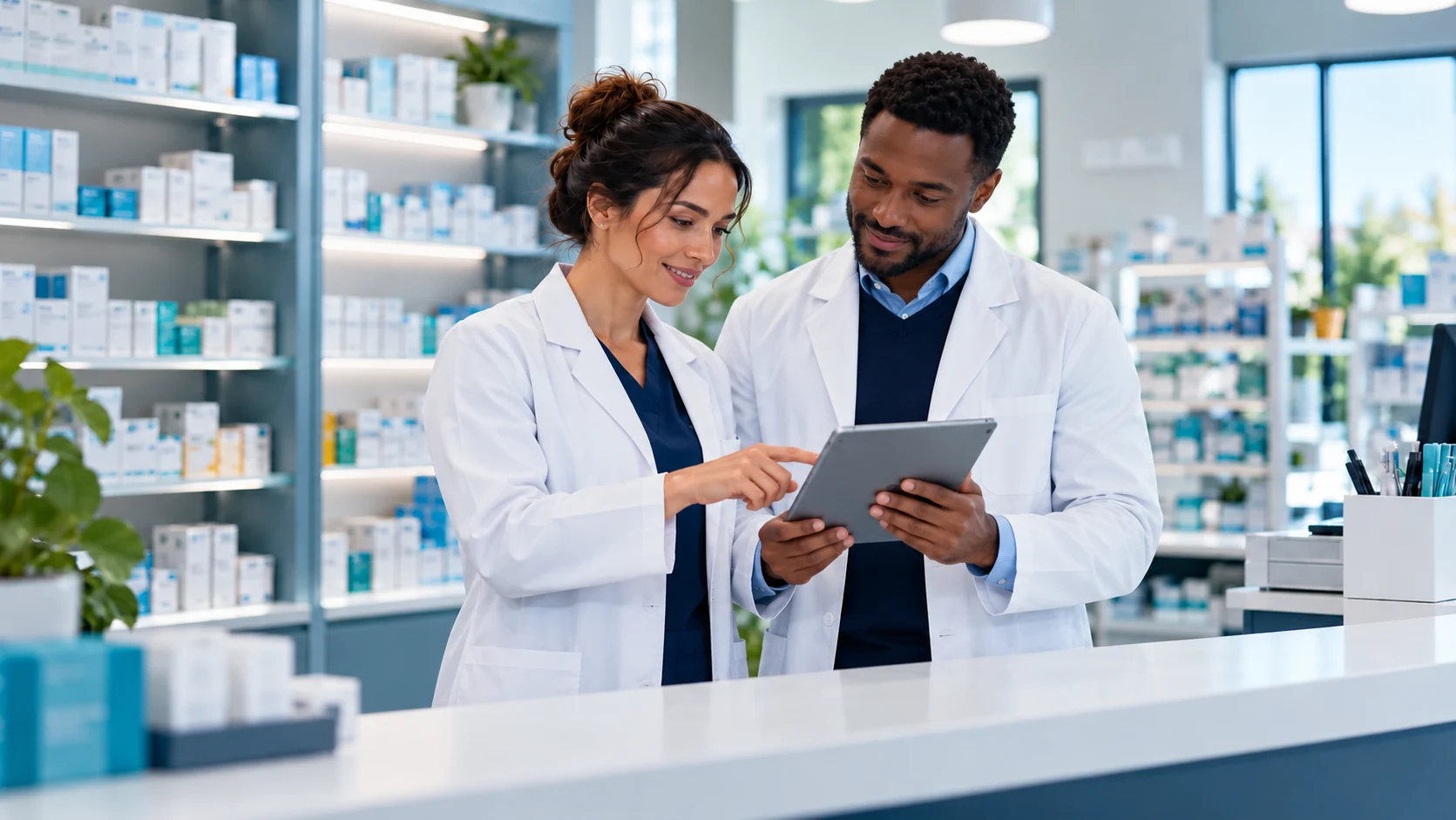 A diverse pharmacy team reviewing a tablet together.